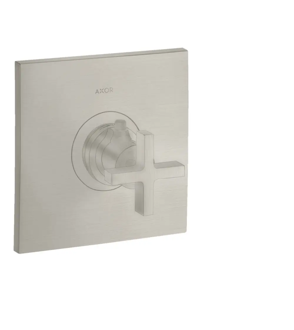 Thermostat zur Unterputzmontage mit Kreuzgriff in Edelstahloptik, präsentiert von AXOR. Das Design ist schlicht und aktuell.